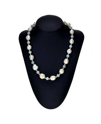 Macy's - White Freshwater Cultured Pear (11-12mm) with Blue Aquamarine (8mm) and Gold Beads (4mm) 18" Necklace in 14k Yellow Gold