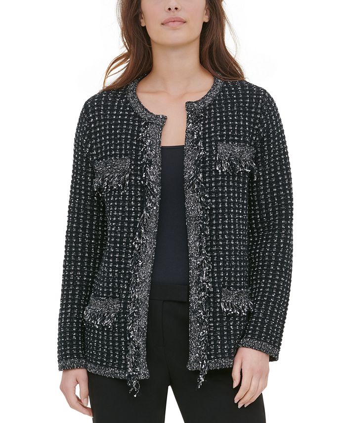 Calvin Klein Frayed-Trim Tweed Jacket - Macy's