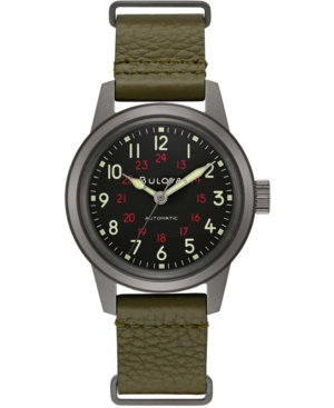 BULOVA MEN'S AUTOMATIC MILITARY GREEN LEATHER STRAP WATCH 38MM