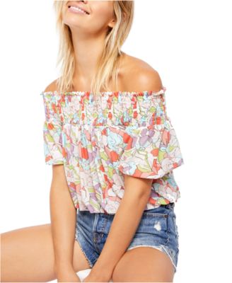 Free People - Technicolor Printed Off-The-Shoulder Bubble-Sleeve Top
