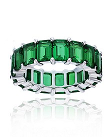 Green Emerald Cut Cubic Zirconia Eternity Band in Rhodium Plated Sterling Silver