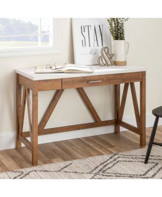 46" A-Frame Desk with White Faux-Marble Top and Walnut Base