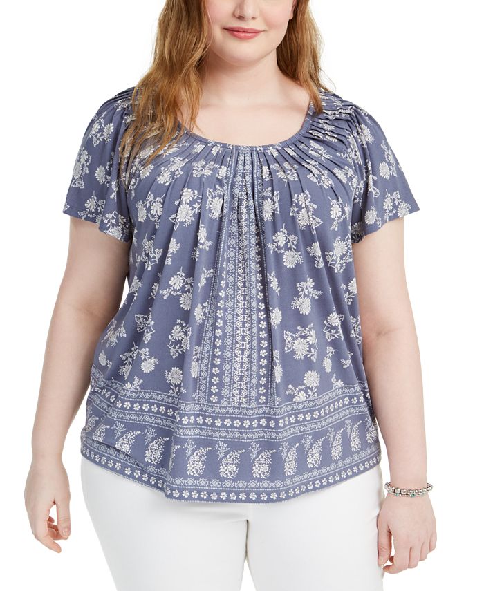Style & Co Plus Size Print Pleated-Neck Top, Created for Macy's & Reviews - Tops - Plus Sizes
