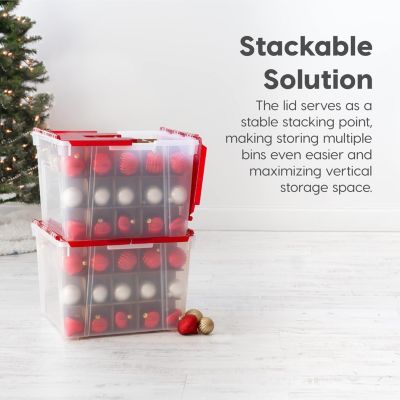 USA 2Pack 60qt Plastic Christmas Ornament Storage Box with Hinged Lid and Dividers, Red, Holiday Color