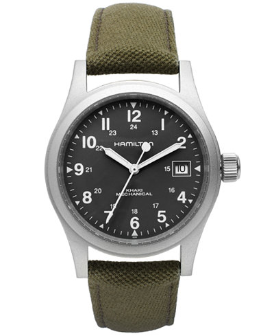 Hamilton Watch, Men's Swiss Mechanical Officer Green Canvas Strap 38mm H69419363
