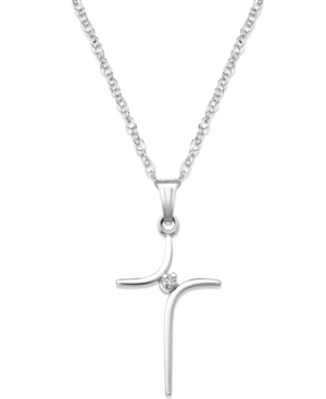 image of Sterling Silver Necklace, Curved Cross and Diamond Accent Pendant