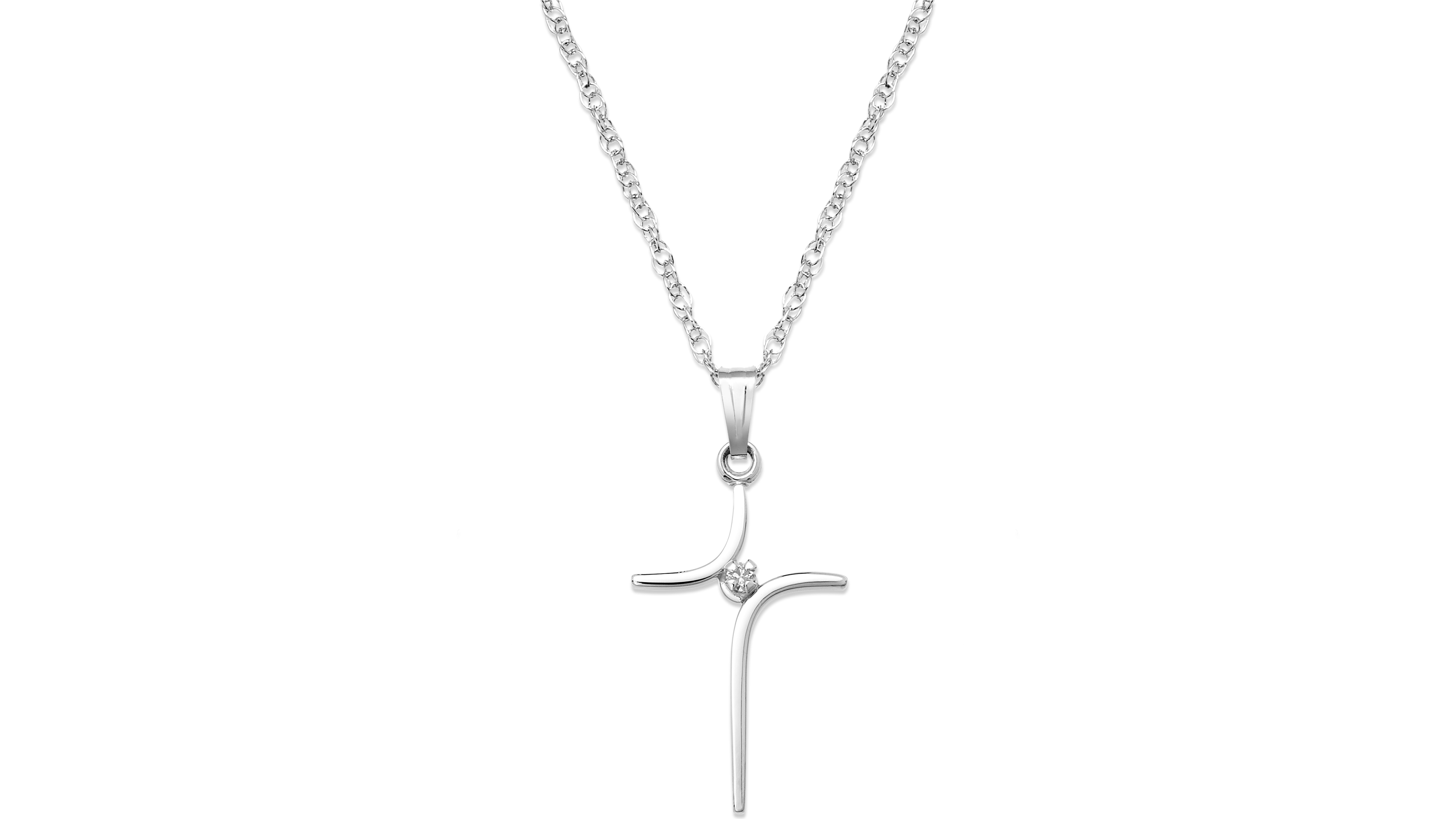 Sterling Silver Necklace, Curved Cross and Diamond Accent Pendant