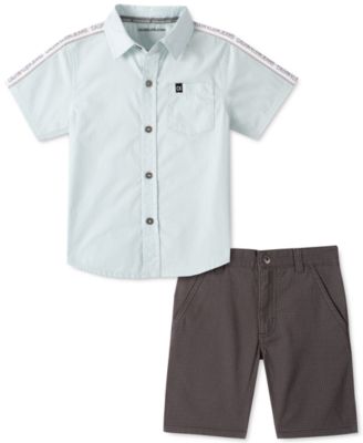 Calvin Klein - Little Boys 2-Pc. Logo Tape Poplin Shirt & Houndstooth Twill Shorts Set