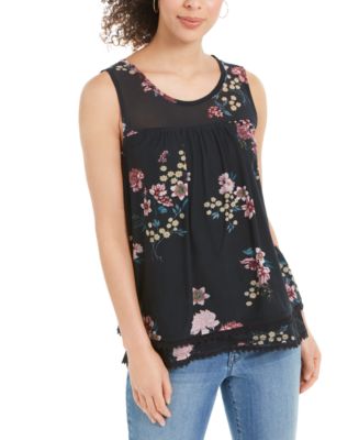 FLORAL PRINTED MESH TANK W/ STRIPE RIBBING main image 1