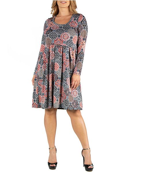24seven Comfort Apparel Print Knee Length Pleated Long Sleeve Plus