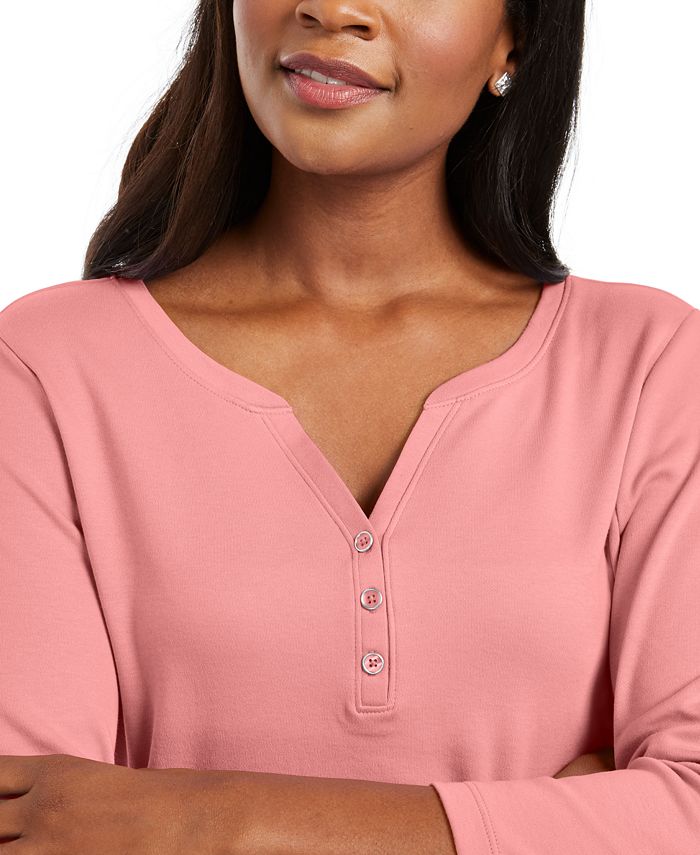 Karen Scott Womens Eyelet Front Cotton Henley Top White Size Petite S M main image 0