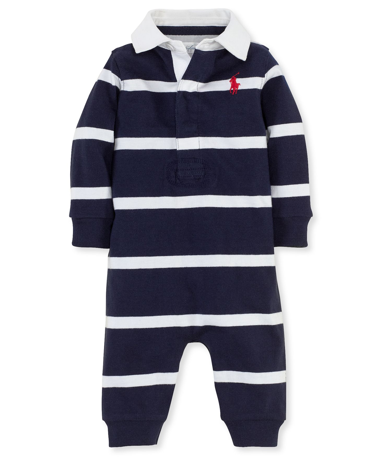 Детский полосатый хлопковый комбинезон-регби Polo Ralph Lauren для малыша, цвет: Тёмно-синий разноцветный — фото 1