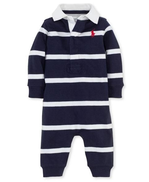 Детский полосатый хлопковый комбинезон-регби Polo Ralph Lauren для малыша, цвет: Тёмно-синий разноцветный
