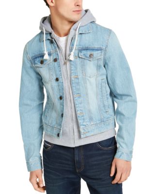 Mens Hooded Denim Plus Big Jacket with Button Front & Grey