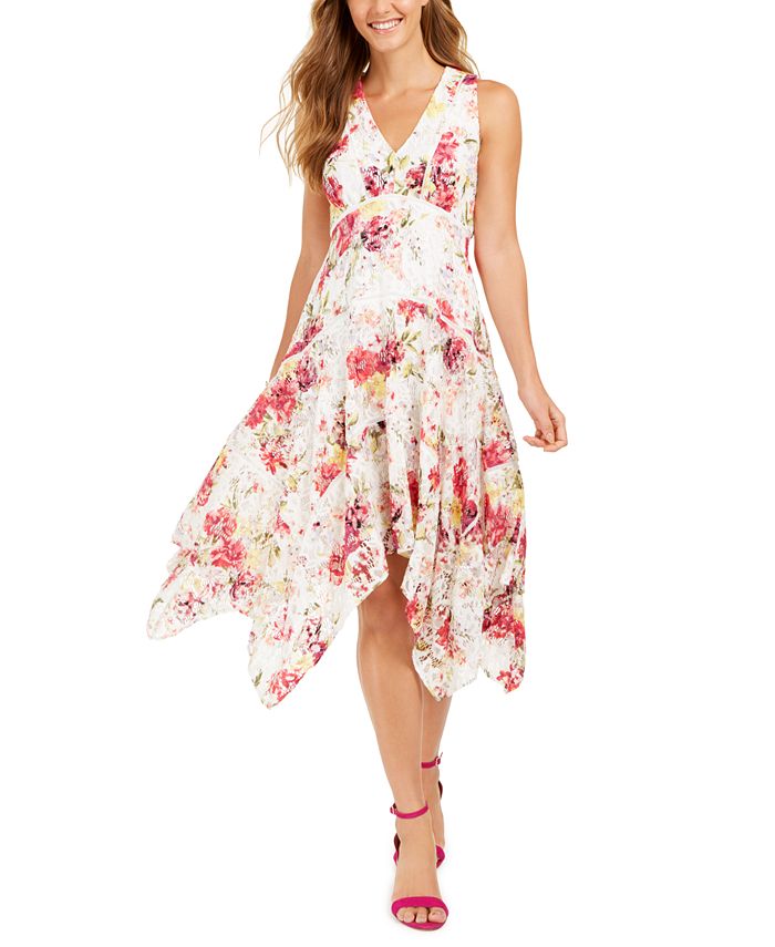 Taylor Floral-Print Lace Handkerchief-Hem Dress - Macy's