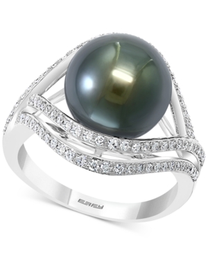 image of Effy Cultured Black Tahitian Pearl (11mm) & Diamond (3/8 ct. t.w.) Statement Ring in 14k White Gold