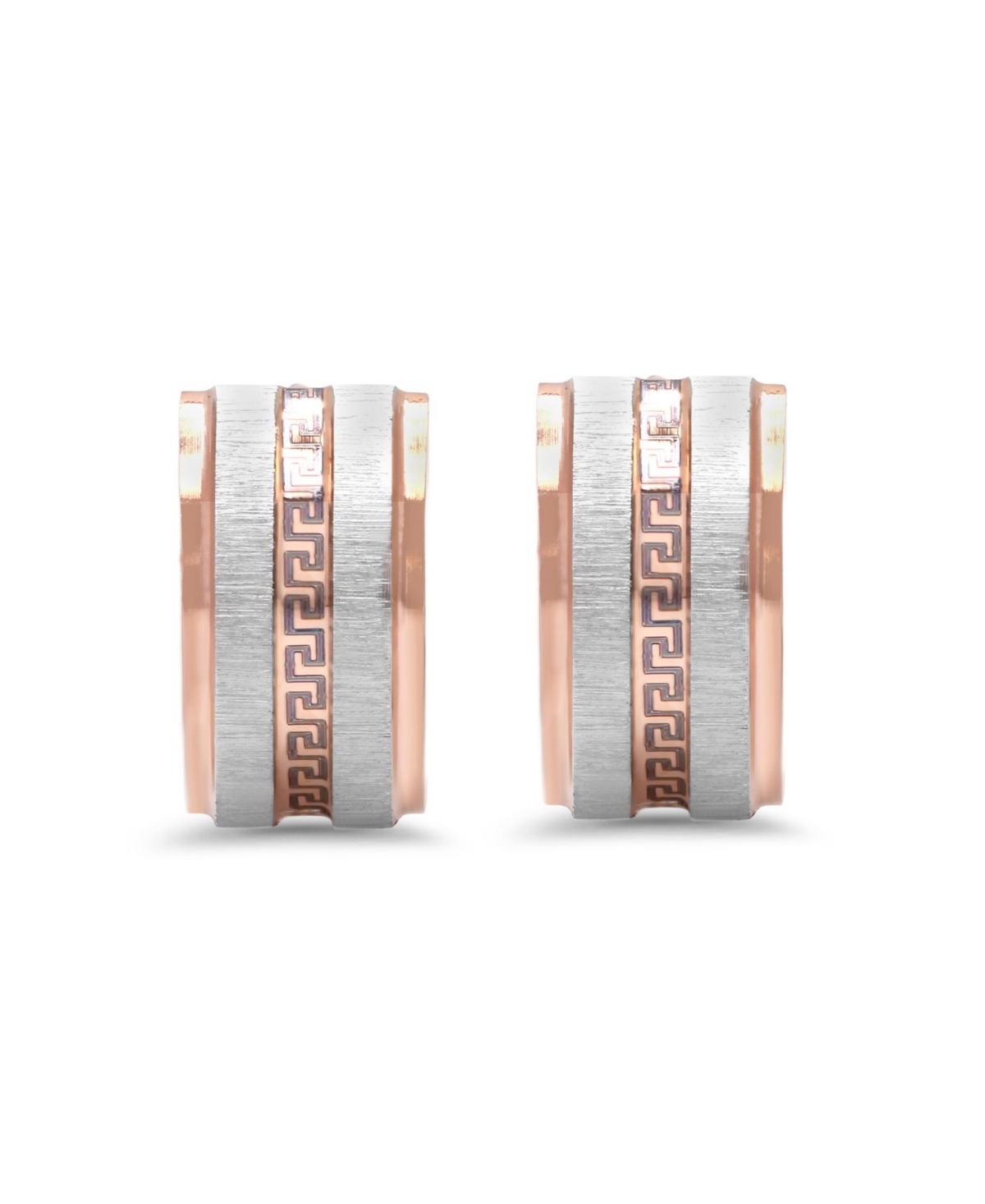 Stainless Steel 2 Tone Greek Key Design Huggie Earrings - Rose Gold-Plated