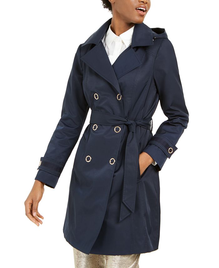 Anne Klein Double-Breasted Hooded Water-Resistant Trench Coat - Macy's