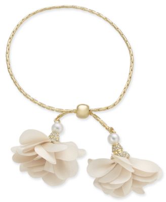 INC International Concepts - Rose-Gold Tone or Gold-Tone Imitation Pearl & Fabric Flower Bolo Bracelet