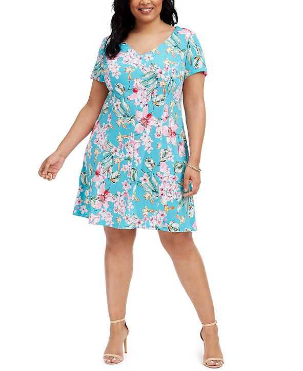 Connected Plus Size Floral-Print V-Neck Dress & Reviews - Dresses ...