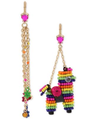 Betsey Johnson - Gold-Tone Multicolor Pav&eacute; Flower & Beaded Pi&ntilde;ata Mismatch Drop Earrings