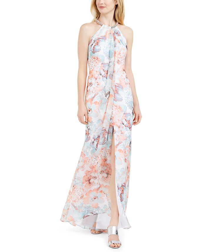 Calvin Klein Floral Draped Halter Gown - Macy's