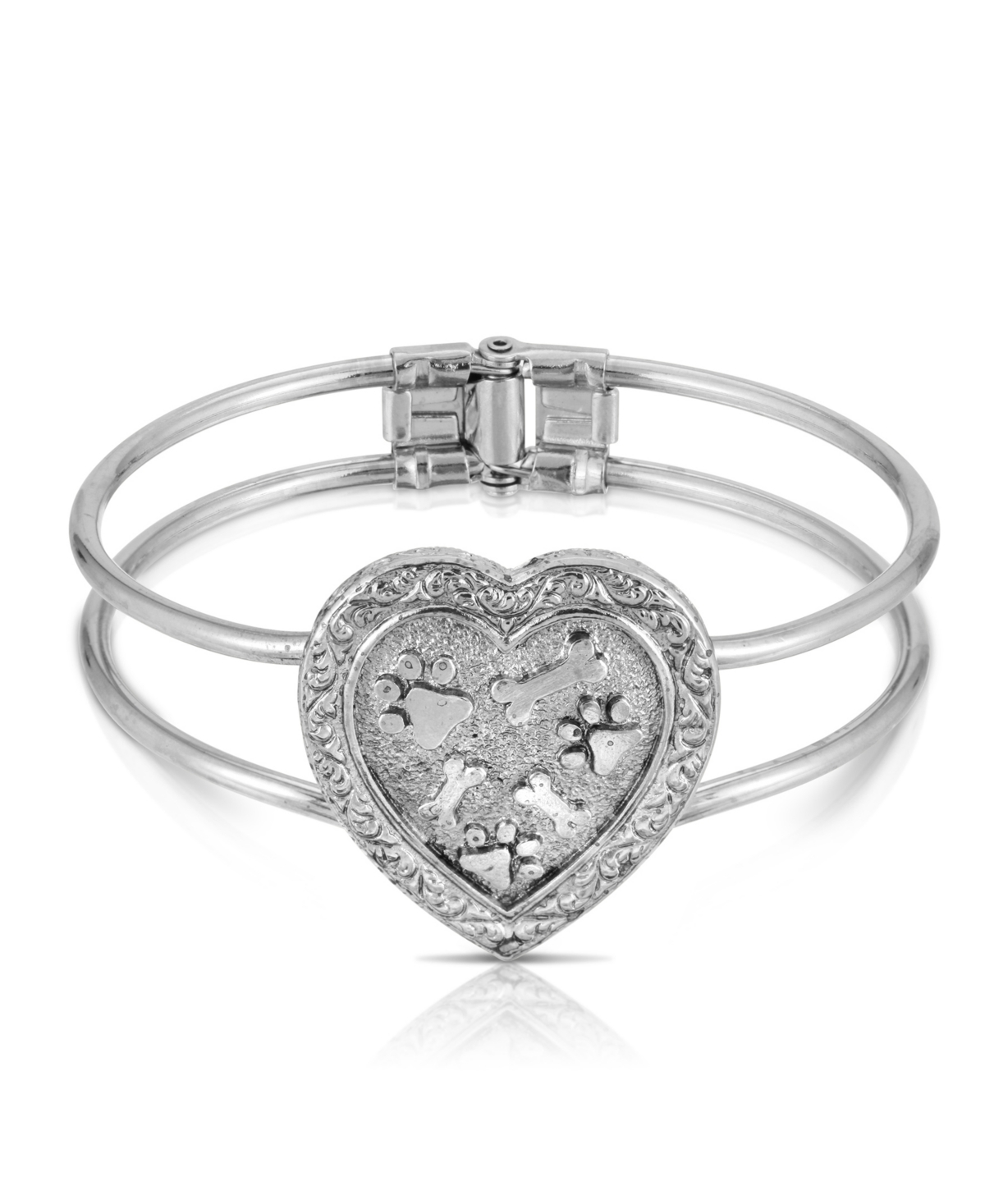 Pewter Heart Paws and Bones Cuff Bracelet - Silver