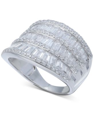 Cubic Zirconia Three Row Baguette Statement Ring in Sterling Silver