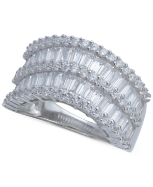 Cubic Zirconia Baguette Two Row Wavy Statement Ring in Sterling Silver (Also Available in Blue and Multi)