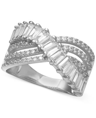 Cubic Zirconia Triple Row Baguette & Pave Crossover Ring (3 ct. t.w.) in Sterling Silver or 18K Gold over Sterling Silver