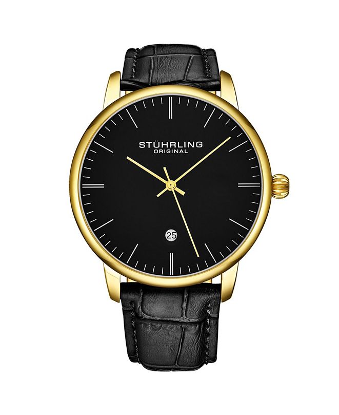 Stuhrling Men's Black Leather Strap Watch 43mm & Reviews Watches