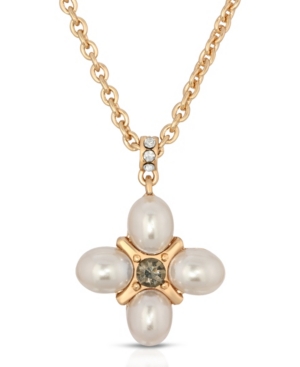 image of 2028 Gold-Tone Imitation Pearl with Black Diamond Accent Pendant Necklace