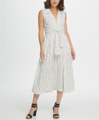 DKNY - Striped Tie Waist Sleeveless Shirtdress