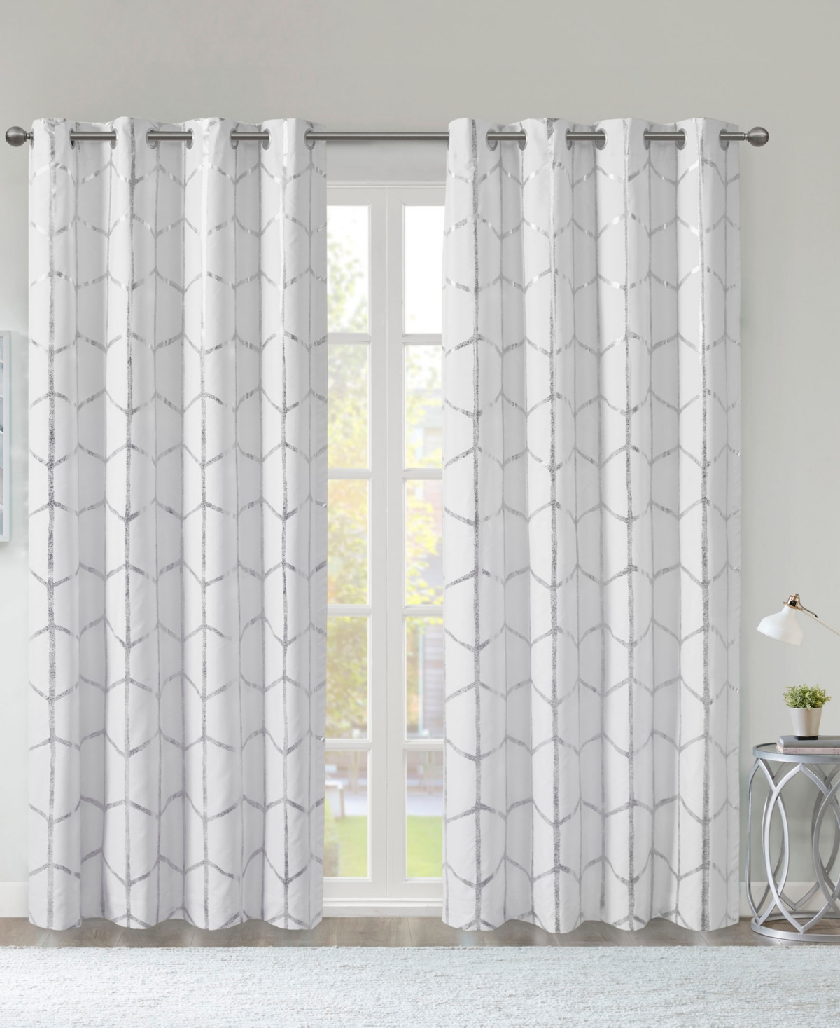 Raina Total Blackout Metallic Print Grommet Top Curtain Single Panel, 50&#x22;W x 63&#x22;L - White/silver
