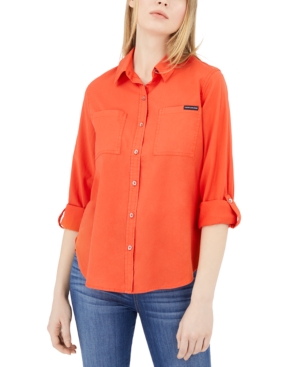 image of Calvin Klein Jeans Button-Front Roll-Tab-Sleeve Top