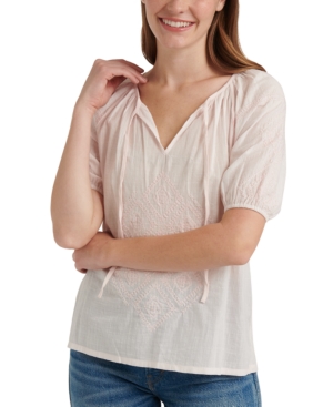 image of Lucky Brand Cotton Embroidered Split-Neck Top
