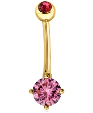 image of Bodifine Pink Double Cubic Zirconia 10K Gold-Tone Sterling Silver-Tone Belly Bar