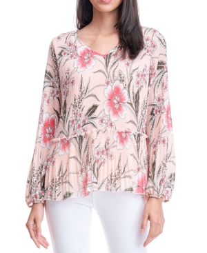 image of Fever Floral-Print Pleated Peplum Blouse