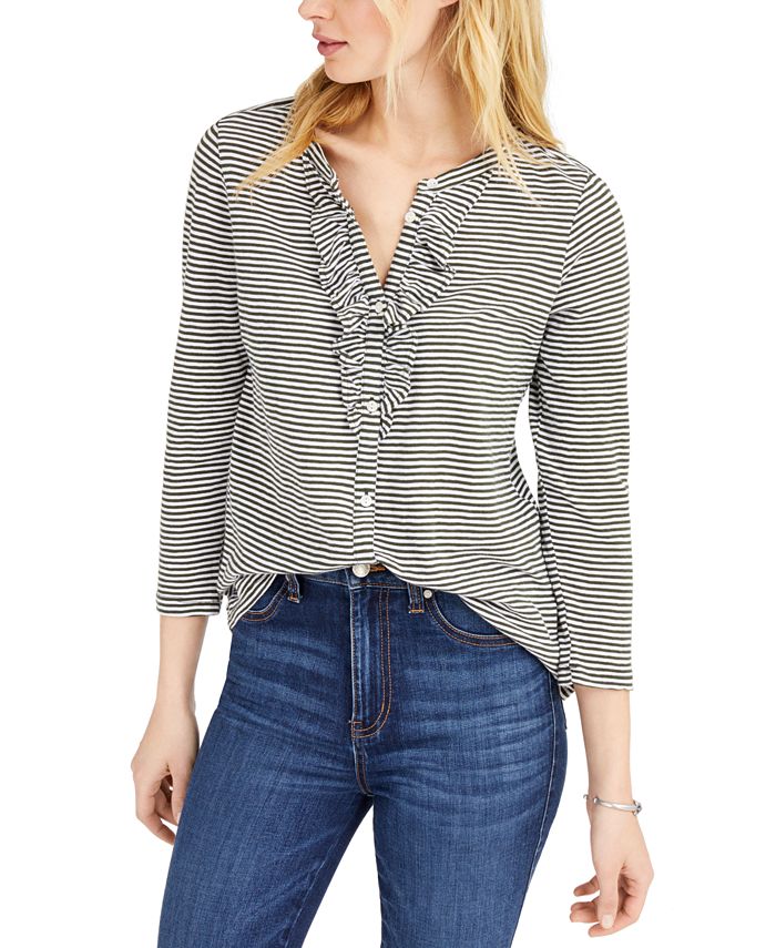 Lucky Brand Striped Ruffled Henley Top Macy s