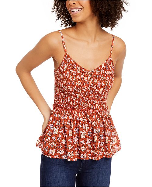 Derek Heart Juniors Floral Print Smocked Waist Babydoll Tank Top