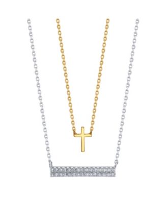 Photo 1 of Gratitude & Grace Gold Two-Tone Cross and Cubic Zirconia Bar Layer Pendant Necklaces