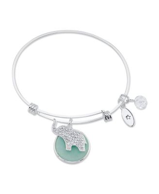Unwritten - "Luck" Crystal Elephant and Genuine Amazonite Adjustable Bangle Bracelet in Stainless Steel