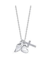 Unwritten Three Pendant Wing, Cubic Zirconia Cross, and Heart Necklace in Silver Plate - Silver