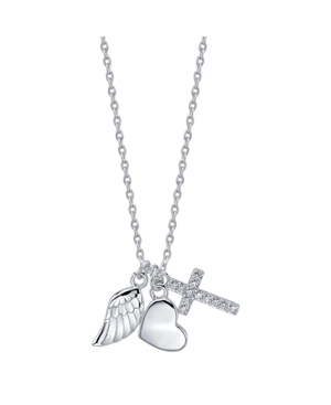 image of Unwritten Three Pendant Wing, Cubic Zirconia Cross, and Heart Necklace in Fine Silver Plate