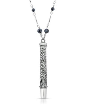 image of 2028 Antique-like Pewter Black Beaded Whistle Necklace