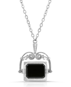 image of 2028 Silver-Tone Rotating Black Square Stone and Locket Necklace