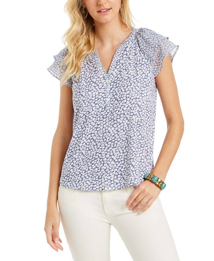 Style & Co Floral-Print Flutter-Sleeve Top, Created for Macy's - Macy's