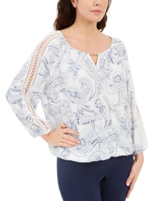 JM Collection - Paisley-Print Keyhole Crochet Top