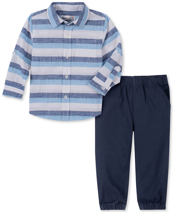 Kids Headquarters Baby Boys 2-Pc. Yarn-Dyed Stripe Shirt & Navy Blue ...