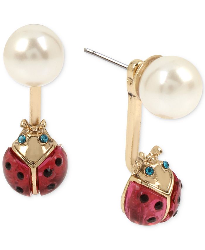 Betsey Johnson Gold Tone Pav Ladybug Imitation Pearl Front and